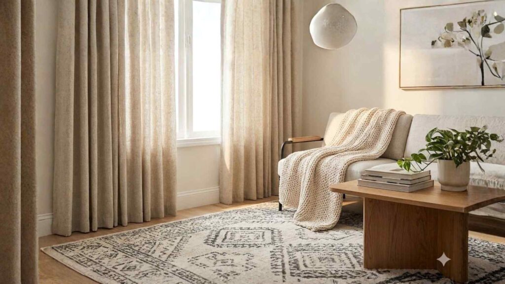 A modern living room styled with Joydeco linen-textured blackout curtains, a patterned area rug, and a chunky knit throw blanket on a sofa.