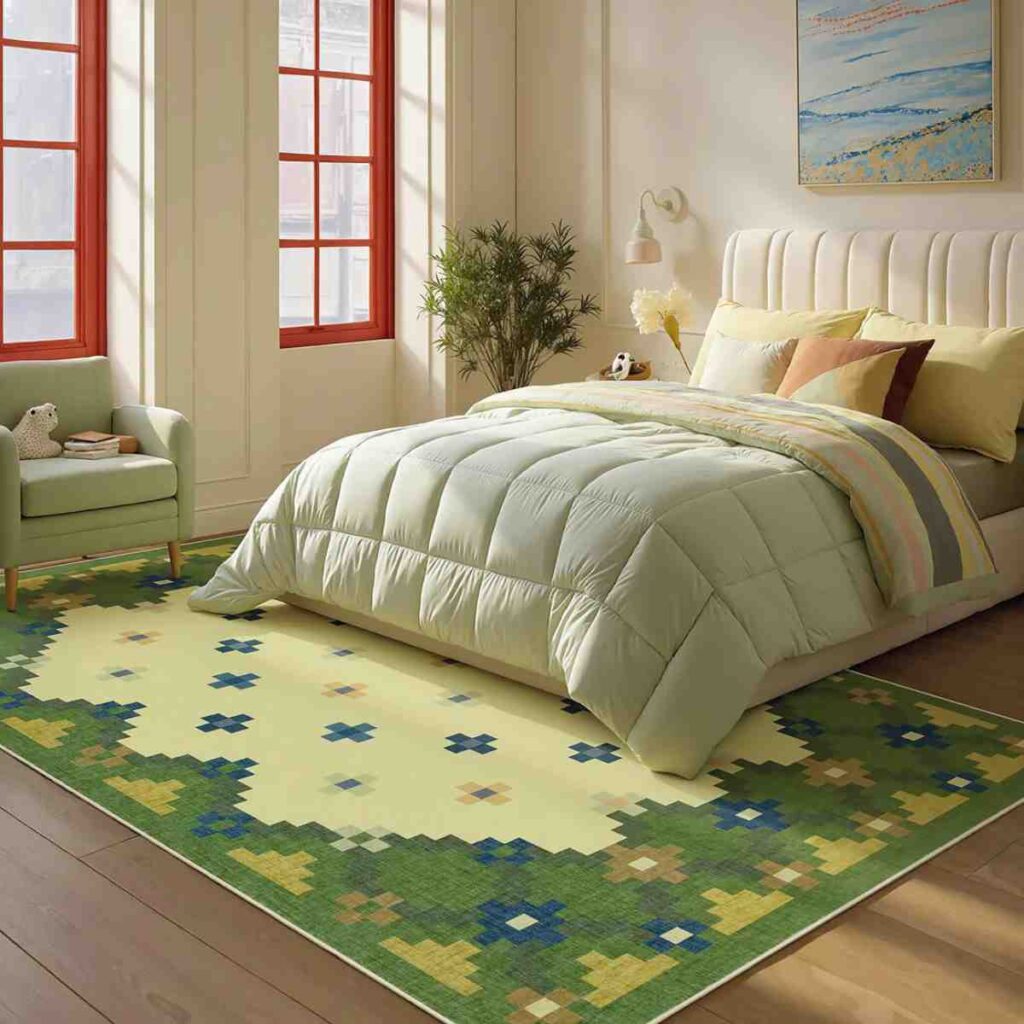 Joydeco green and yellow floral geometric rug in a bright kid's bedroom with a green chair.