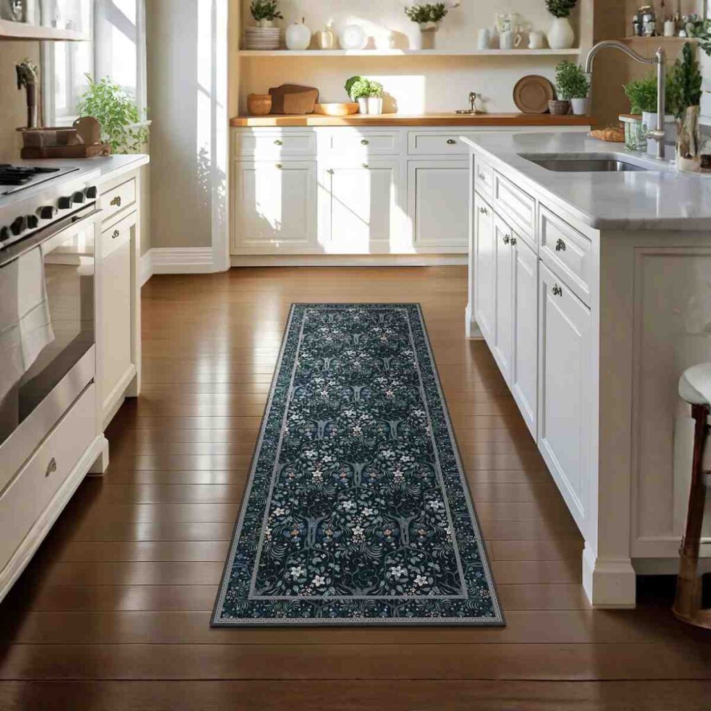 Joydeco navy blue floral runner rug placed in a bright modern kitchen hallway.