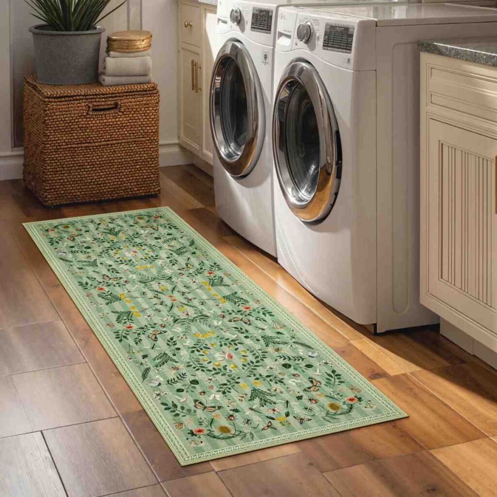 Long sage green leafy pattern runner rug in a laundry room in front of a washer and dryer.
