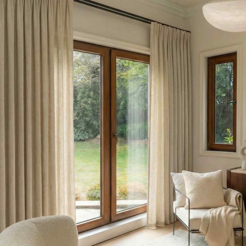 Angled shot of Joydeco cream curtains showing soft drape and light filtration on a wooden door.