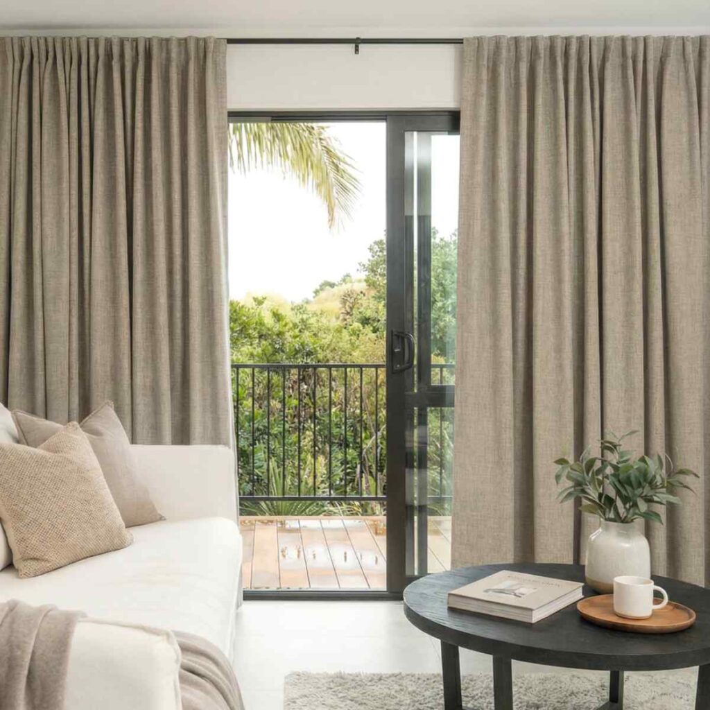 Joydeco linen-textured neutral blackout drapes framing a large window with a balcony view in a contemporary, well-styled living space.