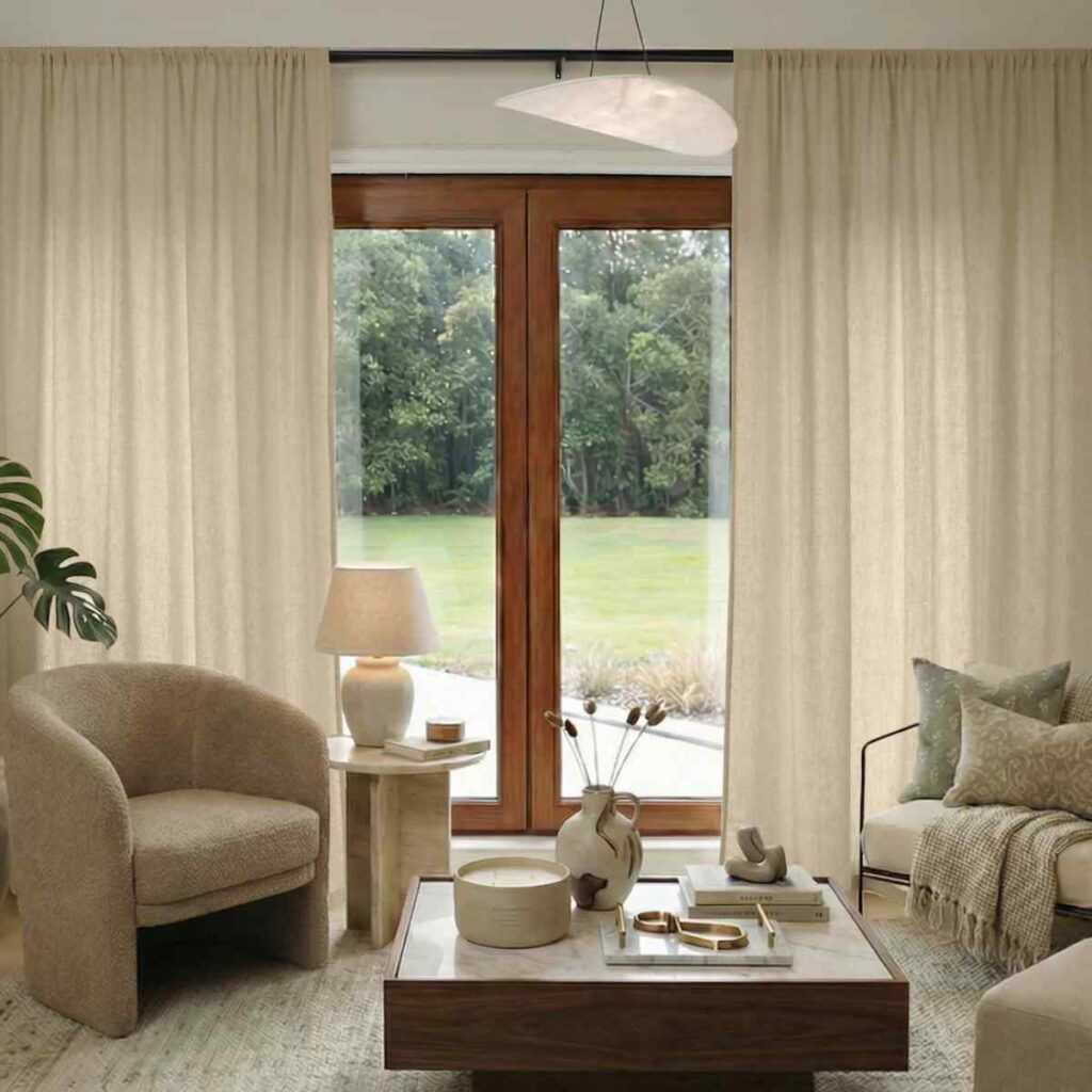Beige Joydeco linen-textured curtains in a bright, modern living room with organic decor.