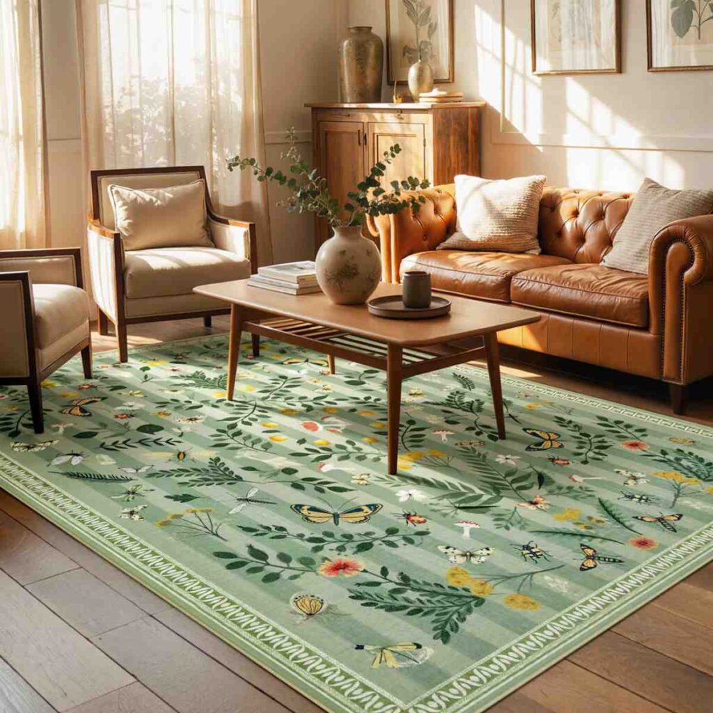 Sage green Joydeco wildflower rug in a sunlit living room with a leather sofa.