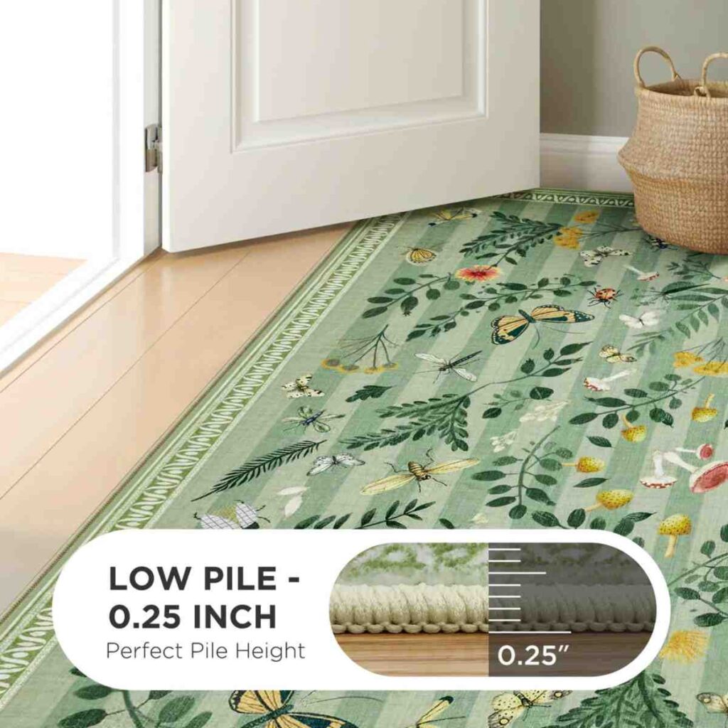 Close-up detail of a Joydeco green botanical rug showing the low-pile 0.25 inch height.