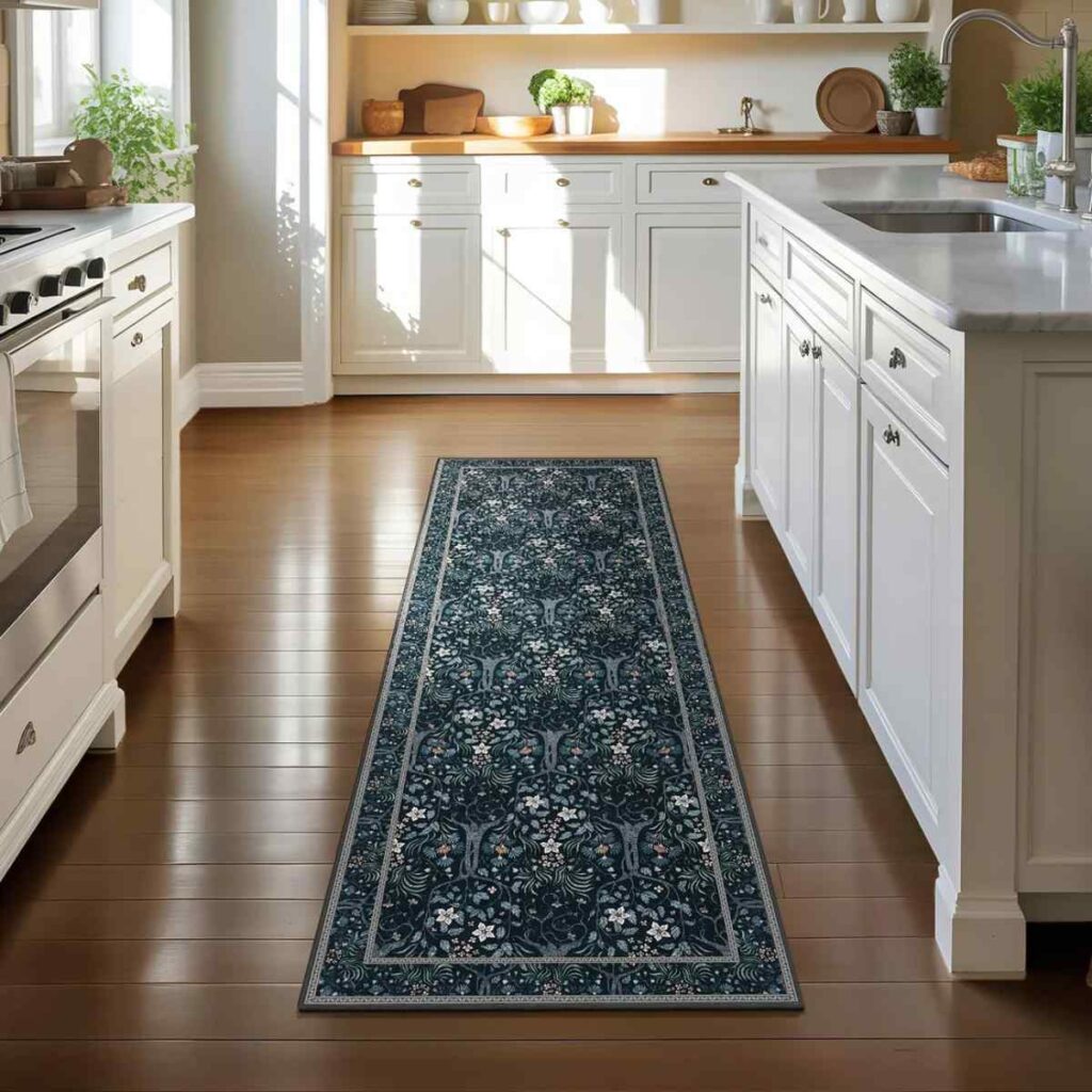 A long navy blue Joydeco floral runner rug in a modern white kitchen.