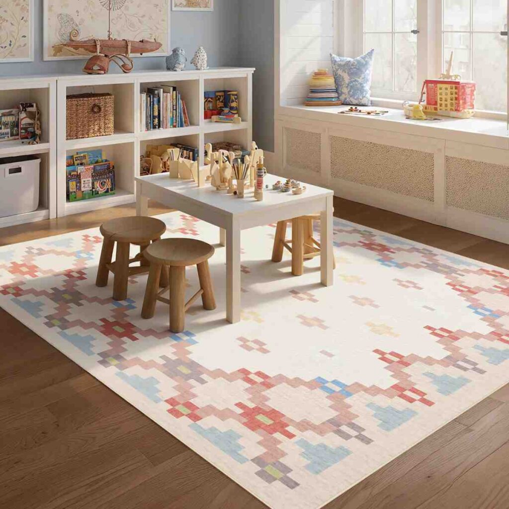 Colorful geometric triangle pattern rug by Joydeco in a bright playroom with children's toys.