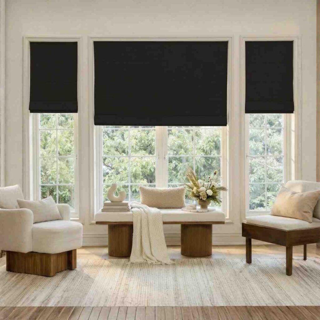 A sleek black Joydeco blackout roller shade providing a modern look and complete dark environment.