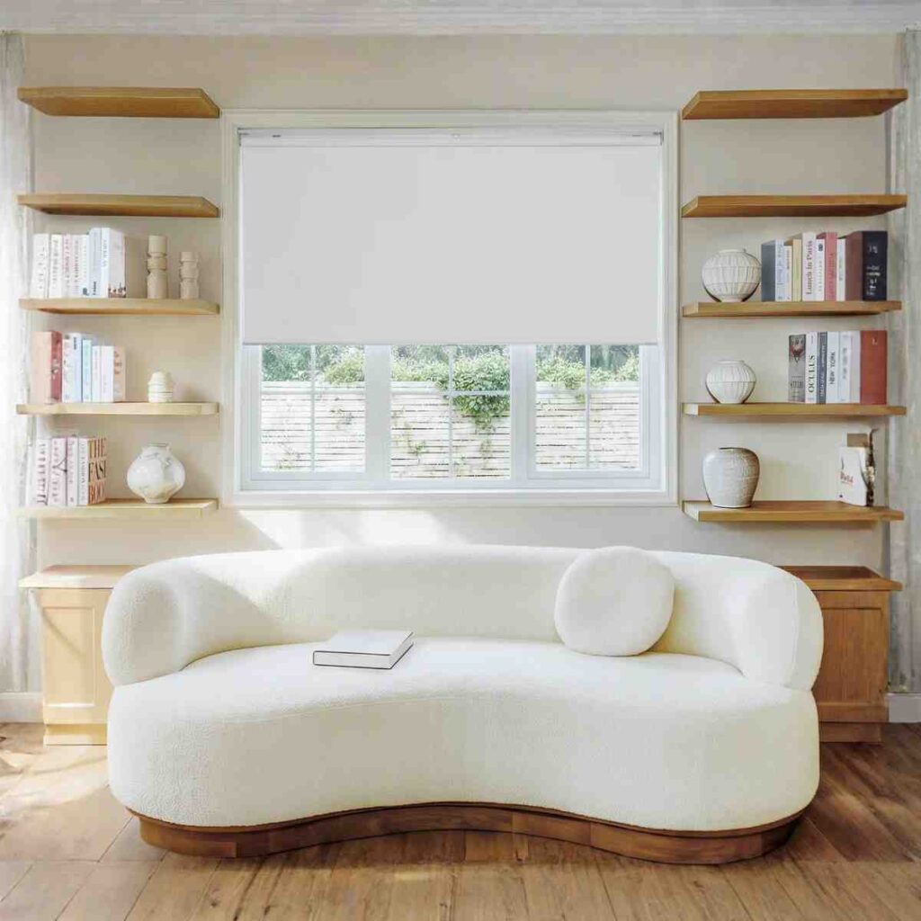 Joydeco classic white blackout roller shade mounted in a minimalist living room window.