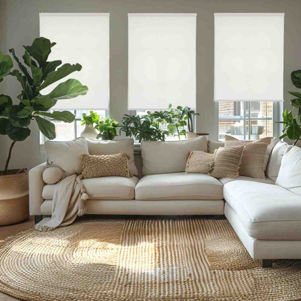 Joydeco traditional white solar shades providing UV protection in a sunlit modern living room.