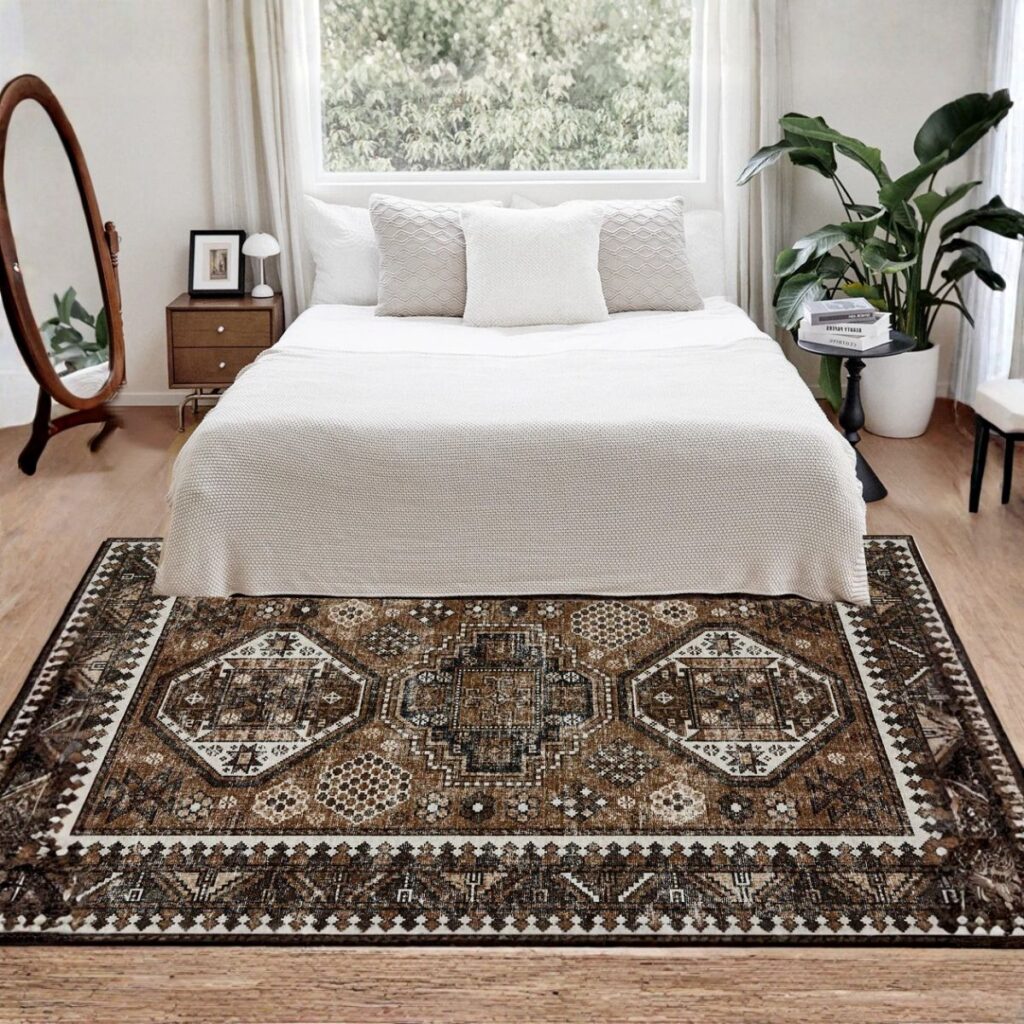 A Joydeco vintage-style bedroom rug with a classic brown and cream pattern centered in front of a comfortable white bed for a cozy feel.