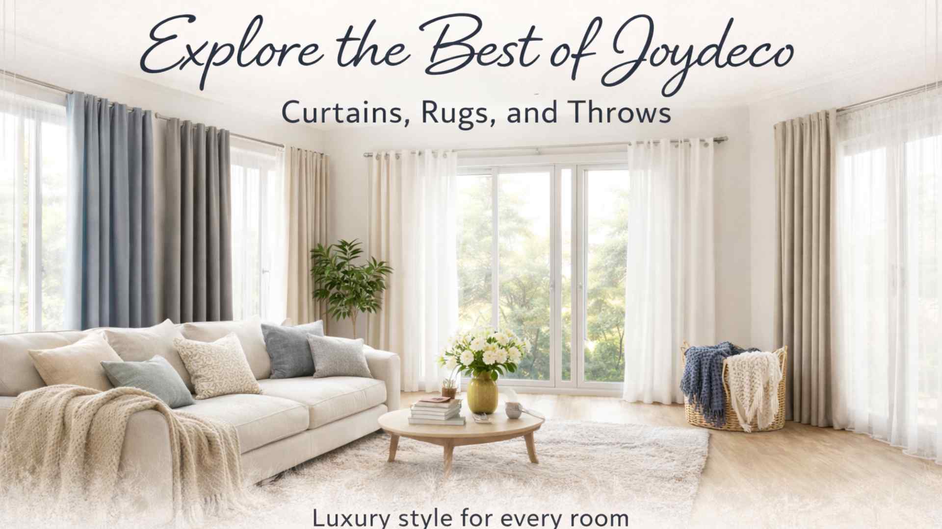 Explore Joydeco Luxury Curtains and Rugs - Sanctuary Living Room Style A bright, high-end living room featuring luxury curtains and rugs from the Joydeco window treatments collection, styled with a modern white sofa and airy windows.
