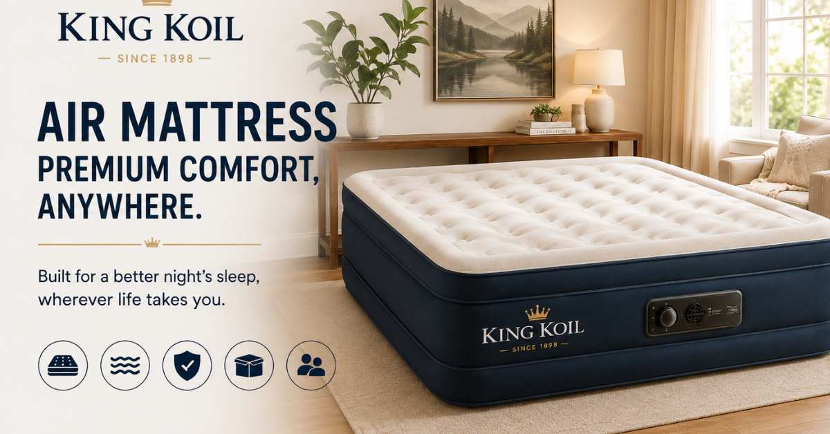 King Koil Air Mattress – Premium Comfort Anywhere King Koil air mattress with built-in pump displayed in a stylish bedroom, featuring premium comfort, durable construction, and a plush sleep surface for guests, travel, and everyday use.