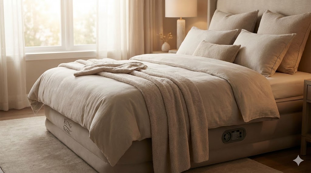 King Koil air mattress with built-in pump on a luxury guest room bed frame with beige linens