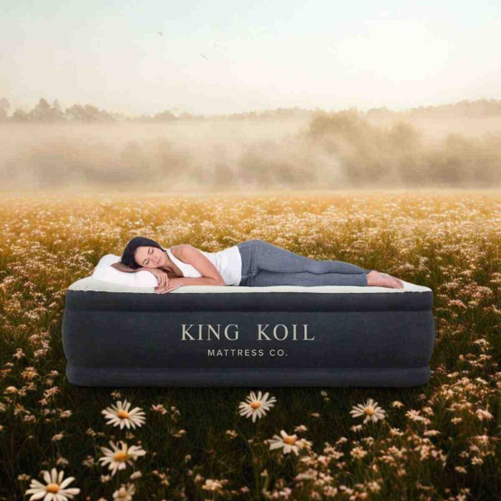 Durable King Koil air mattress placed in an outdoor field to demonstrate puncture resistance.