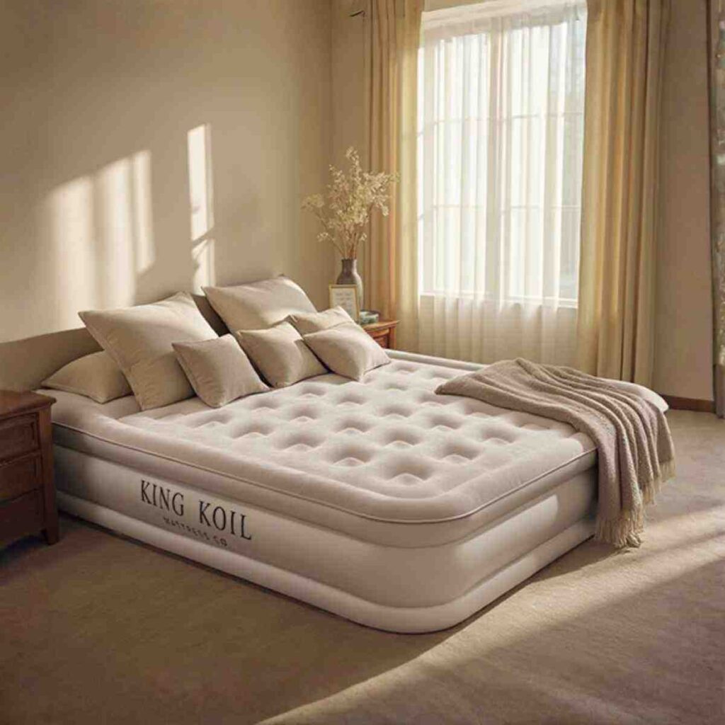 King Koil beige air mattress, throw and pillows in a cozy bedroom.