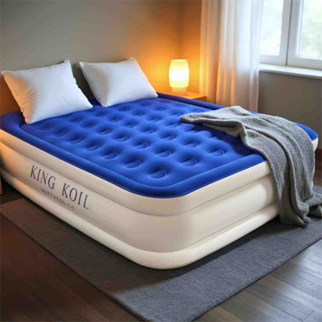 Blue King Koil air mattress used for portable camping luxury in a modern indoor setting.