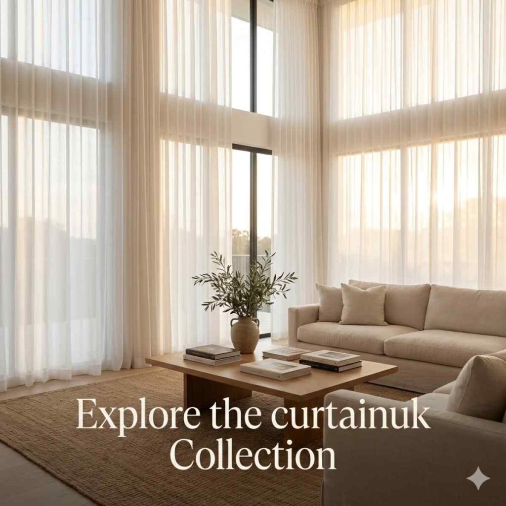 Floor-to-ceiling white sheer curtains in a bright, minimalist living room, part of the CurtainUK luxury window treatment collection.