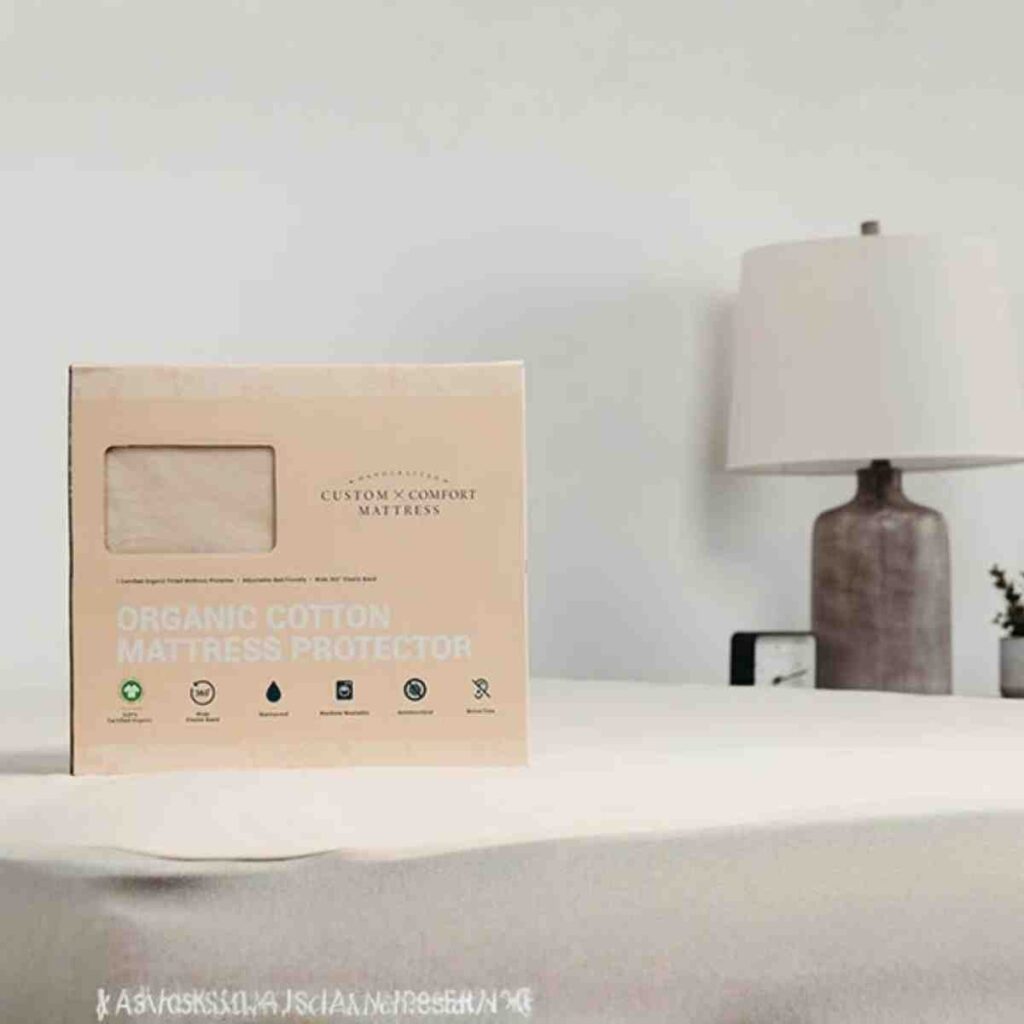 Organic cotton mattress protector box on a luxury bed for mattress longevity.