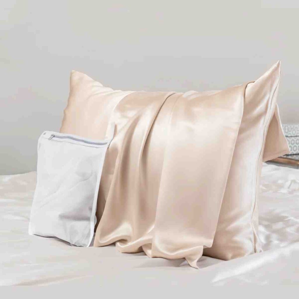 Champagne Promeed silk pillowcase shown with premium retail packaging.
