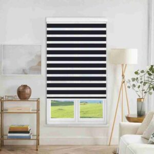 Black zebra Roller Blinds: Joydeco’s custom light-filtering dual shade in a modern living room.