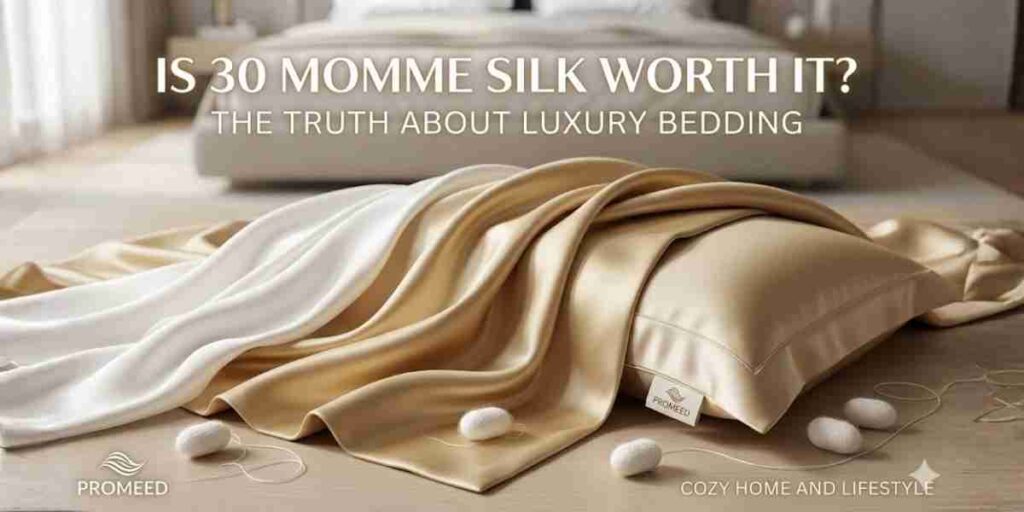 Luxury 30 Momme Mulberry silk bedding banner for Promeed featuring Champagne Gold and White silk drapes with blog title text.