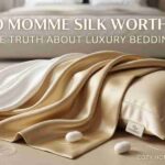 Is 30 Momme Silk Worth It? The Truth About Luxury Bedding 2 Luxury 30 Momme Mulberry silk bedding banner for Promeed featuring Champagne Gold and White silk drapes with blog title text.