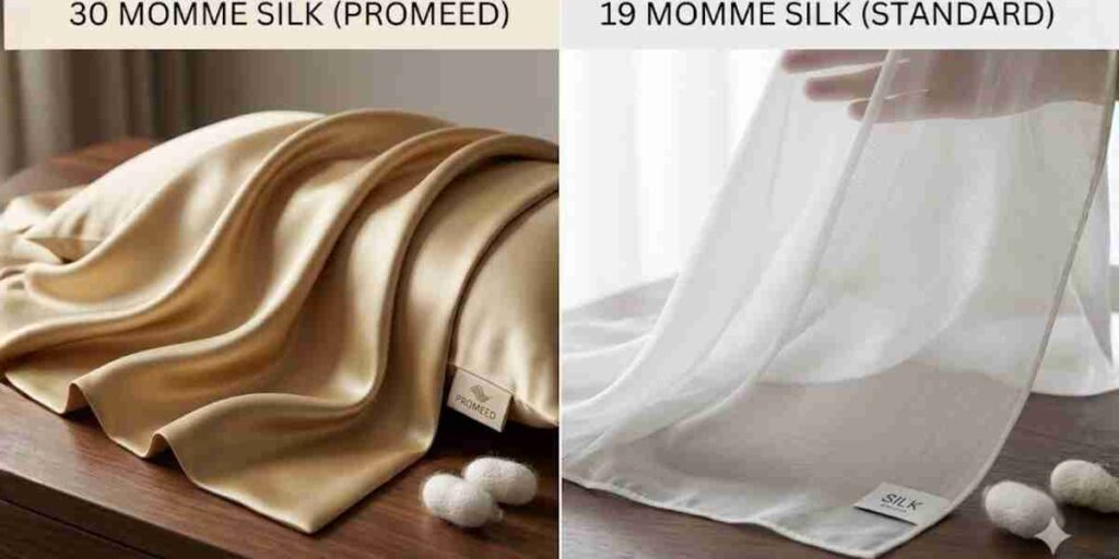 30 Momme silk vs 19 Momme standard silk bedding comparison. Promeed Champagne Gold 30mm silk shows heavy drape and density compared to thinner 19mm standard white silk.