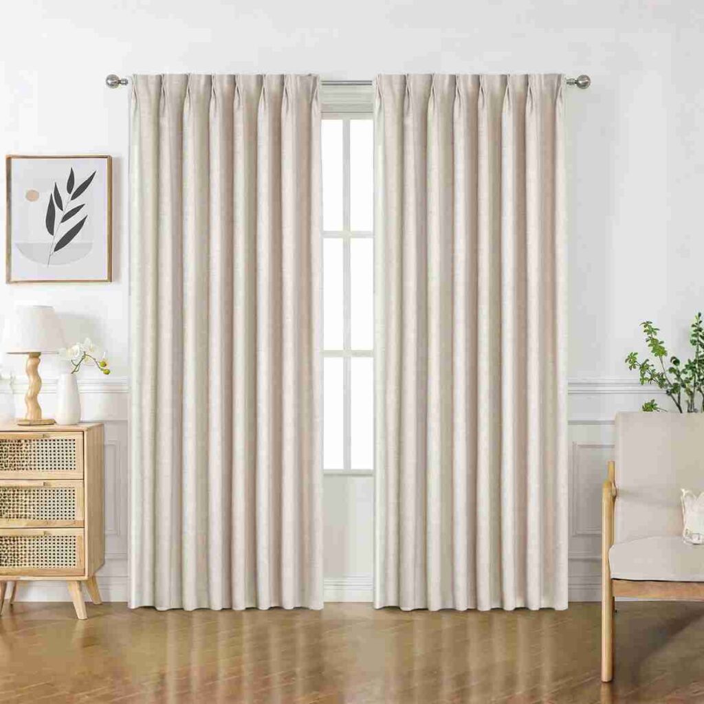 Shop Joydeco Beige Camel Linen Curtains Joydeco window treatments. Beige Camel Flaxaline Linen-Look Curtains in a warm living room setting.