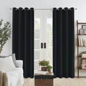 Pair of elegant black linen curtains with silver grommets framed around a white French door in a bright, modern living room setup.
