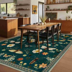 Joydeco Botanical design dining room insect pattern rug with dark green accents.