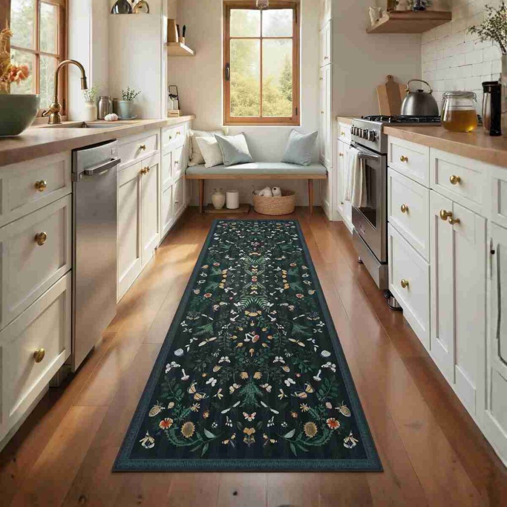 Shop Joydeco Botanical Kitchen Runner Joydeco botanical insect non-slip kitchen runner rug in a modern kitchen.