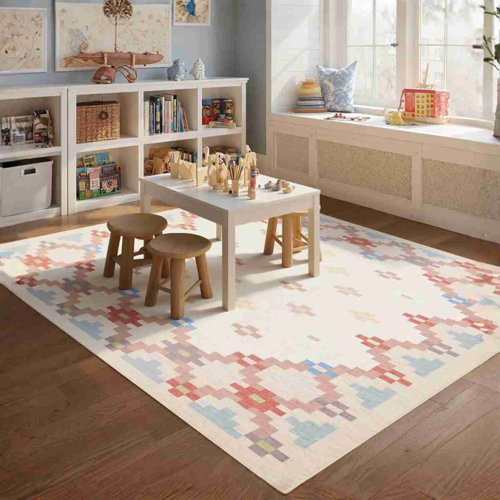 Buy Joydeco Pink Checkered Rug oydeco Checkered Pink and White Playroom Rug in a child’s bedroom.