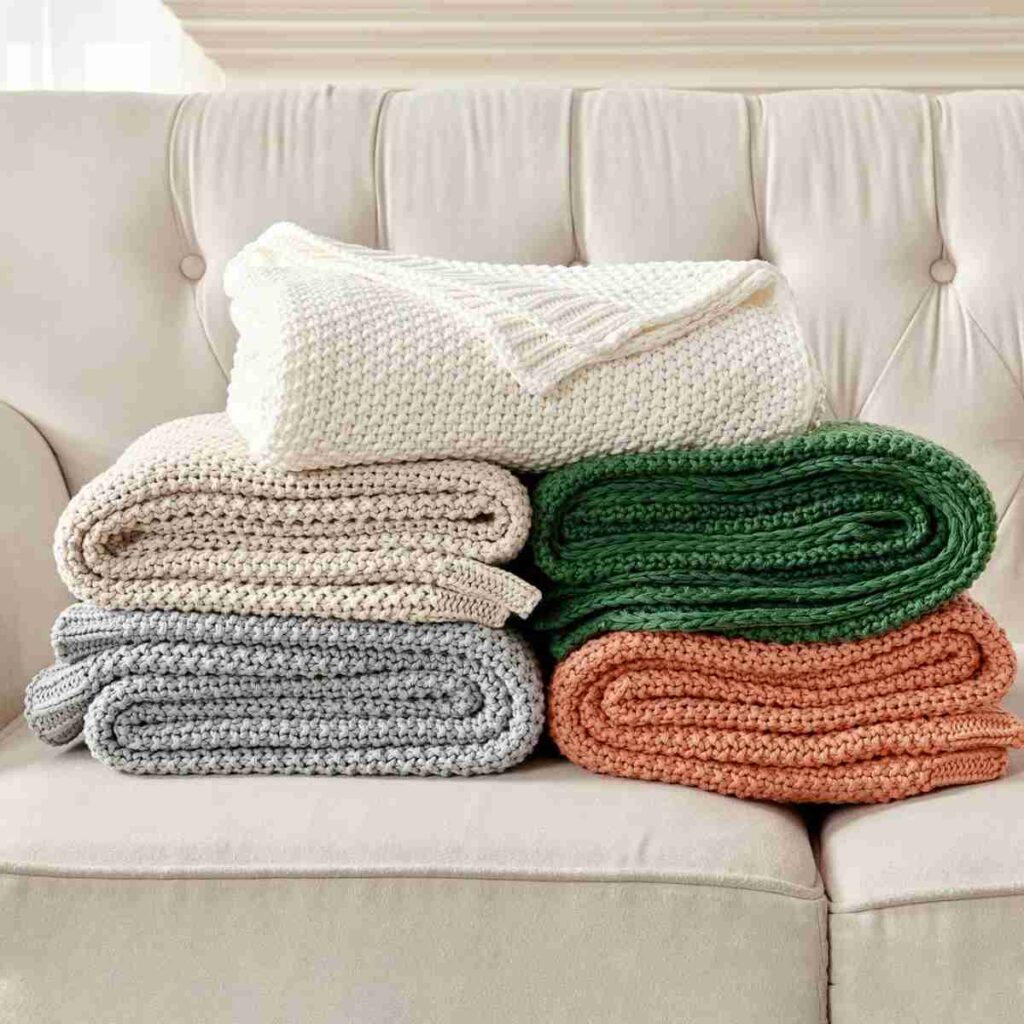 Browse Joydeco Knit Throws Stack of Joydeco chunky cable knit throws in cream, orange, and grey.