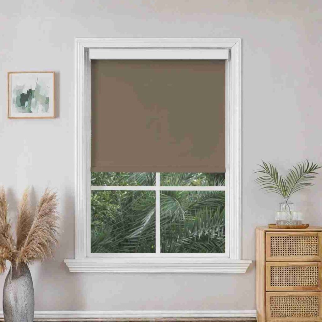 Shop Joydeco Coffee Roller Shades Joydeco Coffee Custom Traditional Blackout Roller Shades in a cozy study.
