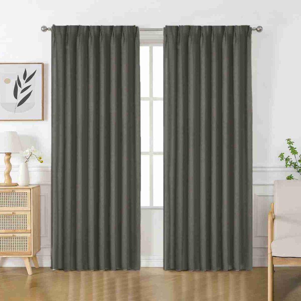 Buy Joydeco Dark Grey Linen Curtains Joydeco window treatments. Dark Grey Flaxaline Linen-Look Curtains in a modern, moody bedroom.