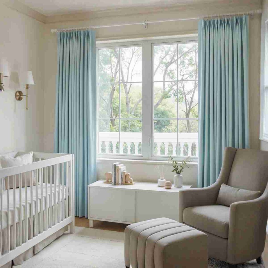 Buy Joydeco Ice Blue Chenille Blackout Curtains Ice Blue Joydeco Hayden double-sided chenille 100% blackout curtain in a nursery.