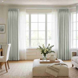Joydeco Hayden double-sided blackout Light Gray chenille curtains in a living room.