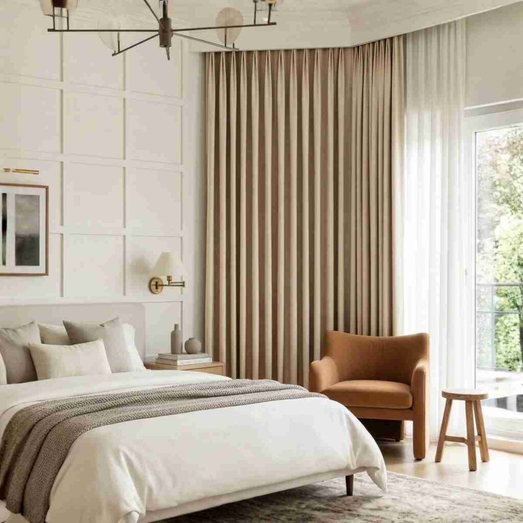 Purchase Joydeco Milk Beige Chenille Curtains Milk Beige Joydeco Bennett chenille blackout curtain in a cozy bedroom.