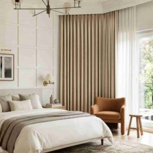 Milk Beige chenille curtains. Joydeco Bennett blackout in a cozy bedroom.