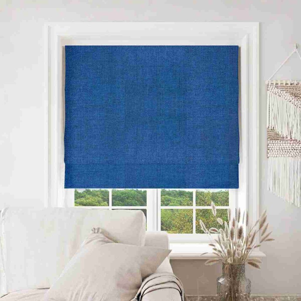 Buy Joydeco Navy Blue Roman Shades Natural Joydeco Navy Blue Custom Blackout Roman Shades in a bedroom.