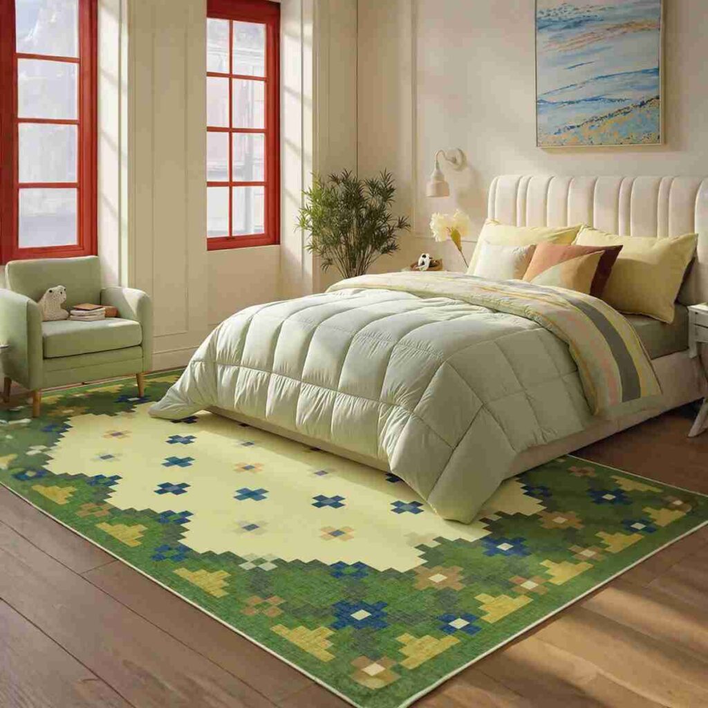 Buy Joydeco Botanical Bedroom Rug Joydeco non-slip botanical and insect design rug in a cozy bedroom.