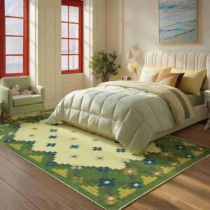 Joydeco green and cream geometric area rug under a bed in a sunlit modern bedroom - Cozy Home & Lifestyle