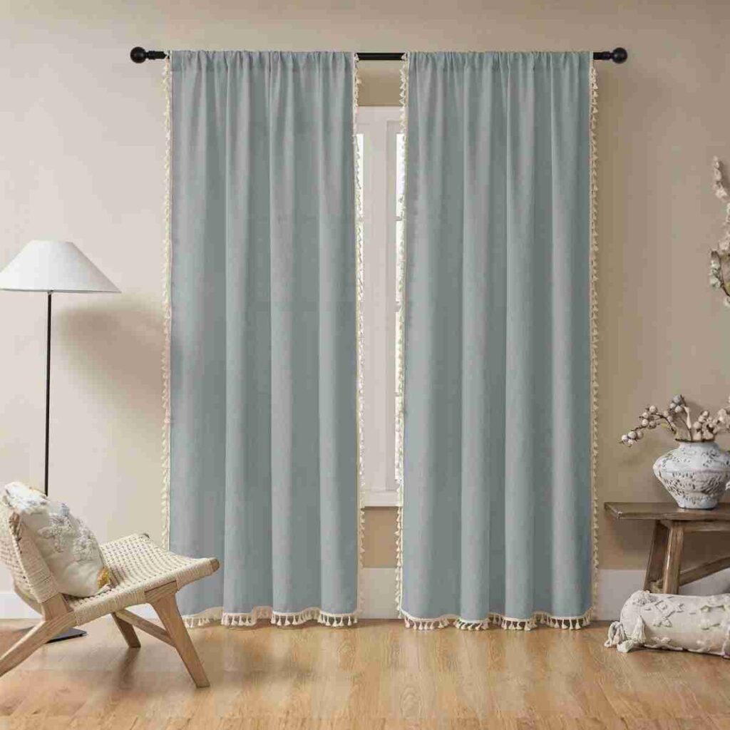Purchase Joydeco Stone Blue Boho Curtains Joydeco stone blue boho sheer curtain with elegant tassel border.