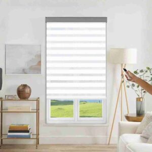 Motorized White zebra shades featuring Joydeco’s custom light-filtering dual shade design in a modern living room.