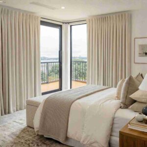 White Everly chenille curtains, Joydeco’s heavyweight room darkening curtain.