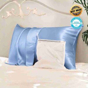 Promeed Arctic Blue 30 Momme Silk Pillowcase set with premium luxury bed pillow set.