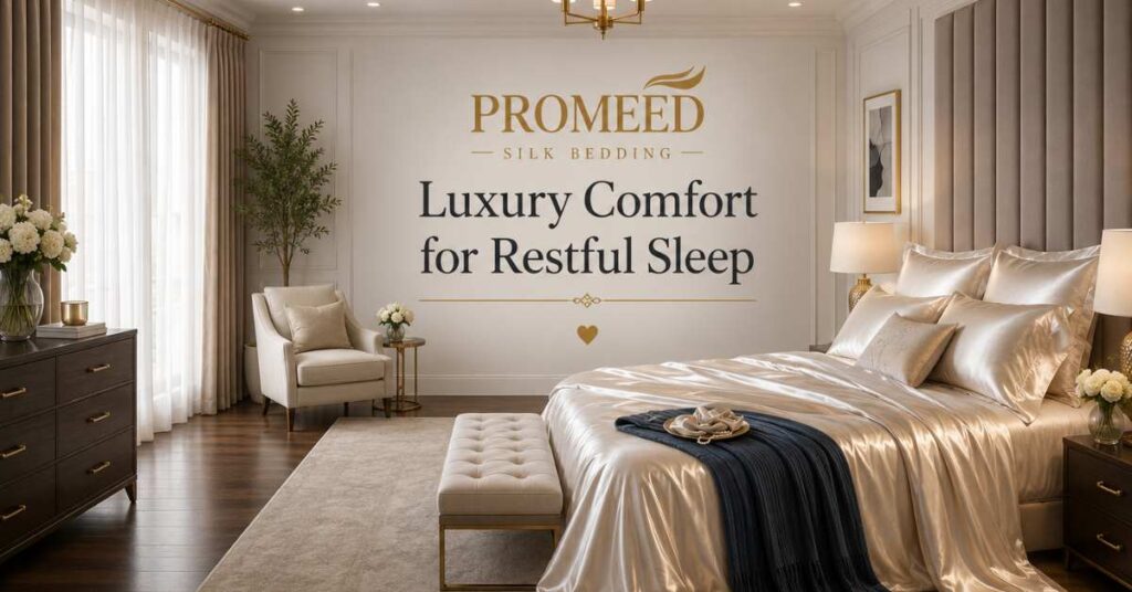 Elegant bedroom featuring Promeed silk bedding with luxurious silky sheets, dark hardwood floors, large windows with floor-to-ceiling curtains, and premium décor designed for restful sleep and everyday comfort.