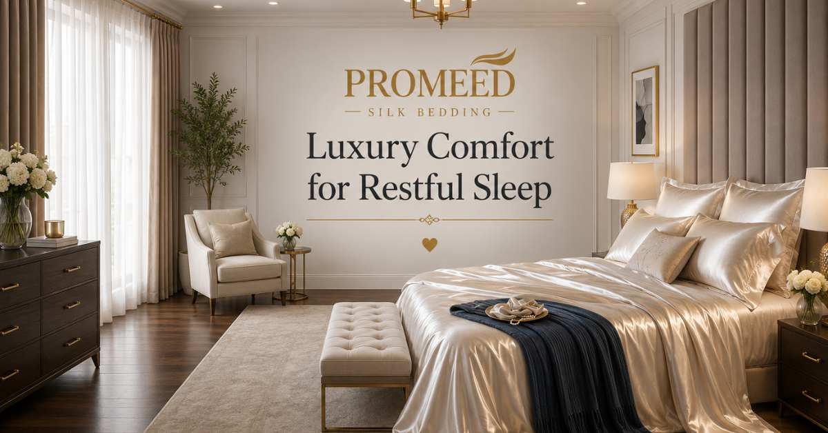 Promeed Silk Bedding – Luxury Comfort for Restful Sleep Elegant bedroom featuring Promeed silk bedding with luxurious silky sheets, dark hardwood floors, large windows with floor-to-ceiling curtains, and premium décor designed for restful sleep and everyday comfort.