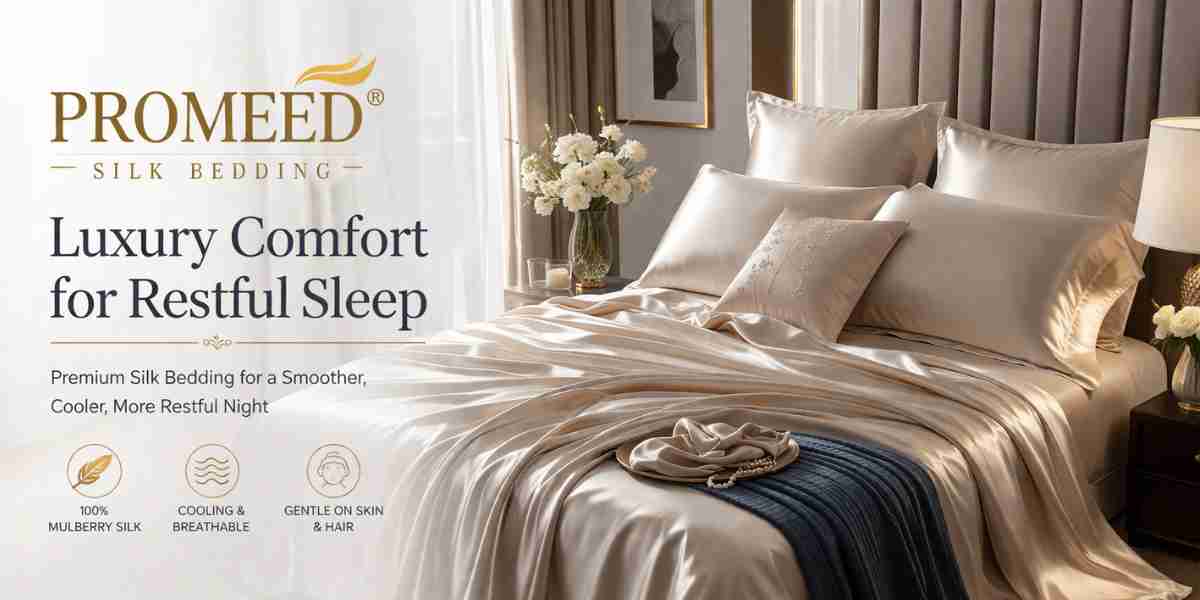 Promeed silk bedding set in a luxury bedroom with mulberry silk sheets and pillowcases for smooth, cool, and restful sleep